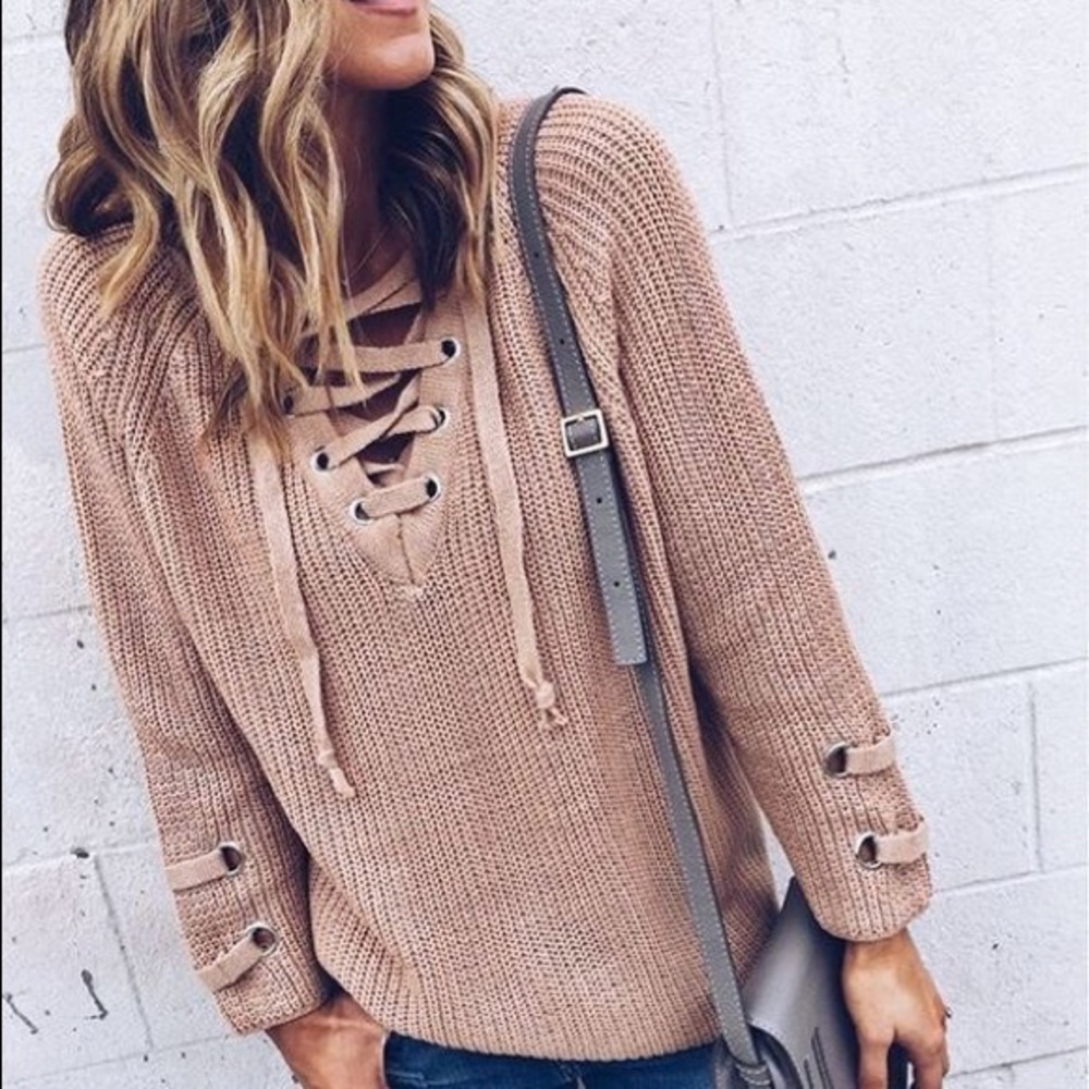 Stylish Tan Lace-Up Sweater